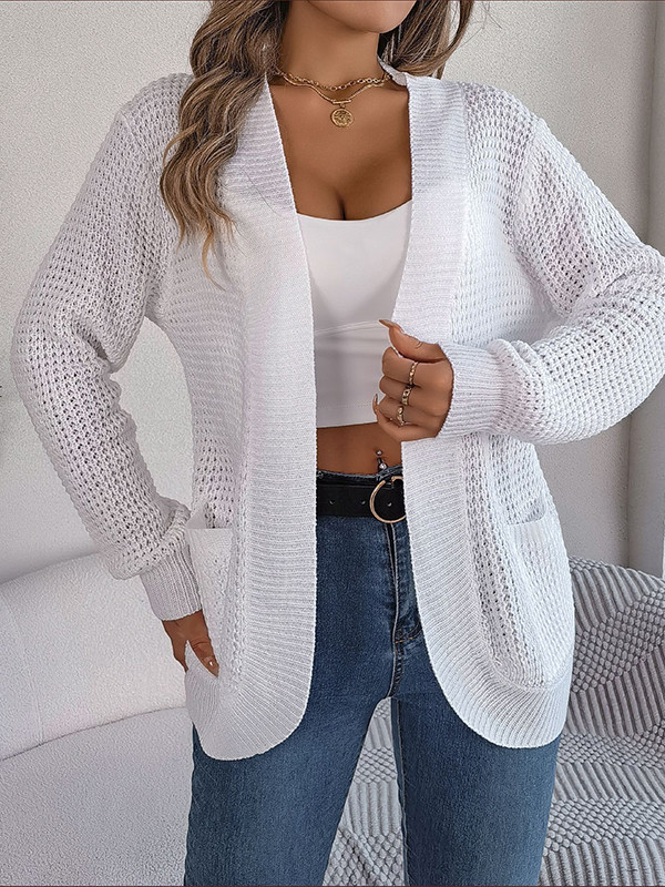Long Sleeves Loose Pockets Solid Color Split-Joint Collarless Cardigan Tops