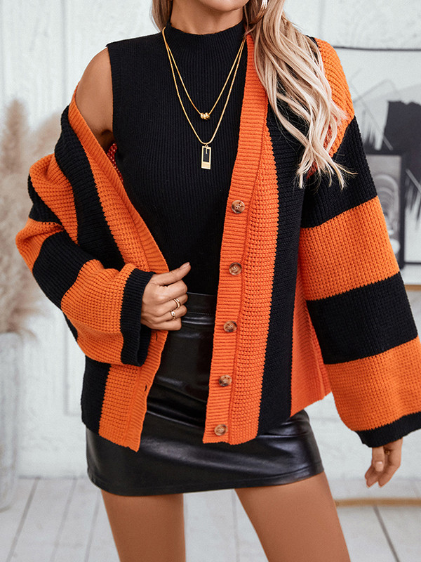 Long Sleeves Loose Buttoned Striped V-Neck Cardigan Tops