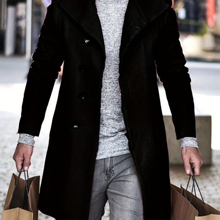 Men's Trendy Retro Solid Long Sleeve Coat Windbreaker Lapel Long Overcoat For Autumn Winter