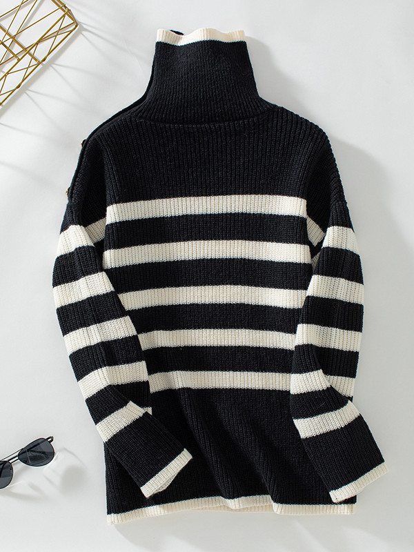 Long Sleeves Loose Buttoned Split-Joint Striped High Neck Sweater Tops
