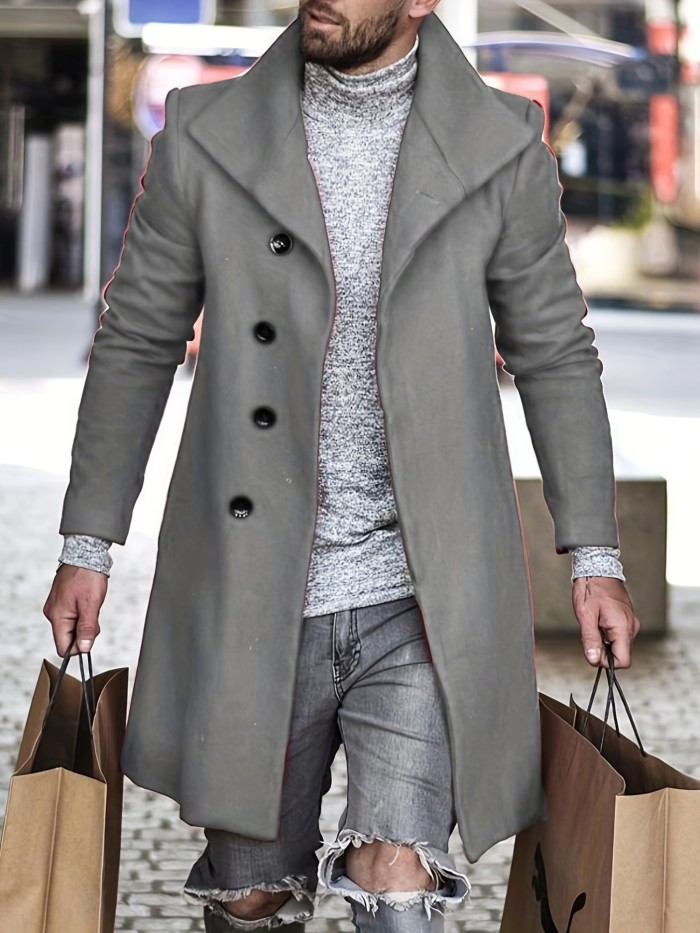 Men's Trendy Retro Solid Long Sleeve Coat Windbreaker Lapel Long Overcoat For Autumn Winter