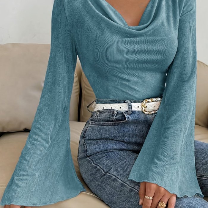 Vibrant Solid Color Slim Fit Flare Sleeve T-Shirt - Elegant Cowl Neck Design, Soft and Breathable Fabric, Perfect for Spring and Fall Season, Women's Clothing, Casual and Chic Top for Everyday Wear