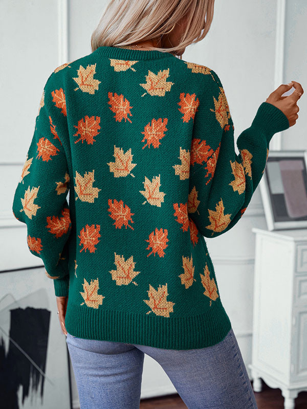 Long Sleeves Loose Contrast Color Jacquard Knitted Leaves Split-Joint Round-Neck Pullovers Sweater Tops