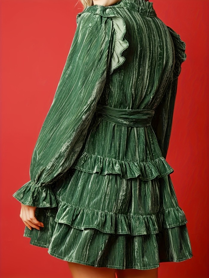 Ruffled A-line Velvet Autumn And Winter Dress, Layered Splicing Festival Long-sleeved V-neck Dress