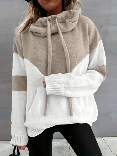Color Block Drawstring Hooded Sweater, Casual Long Sleeve Pullover Sweater With Pocket, Women's Clothing