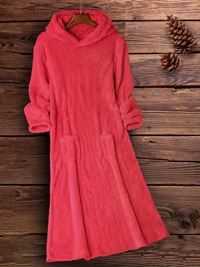 Fuzzy Hooded Midi Dress, Casual Pocket Front Solid Long Sleeve Dress, Women's Clothing