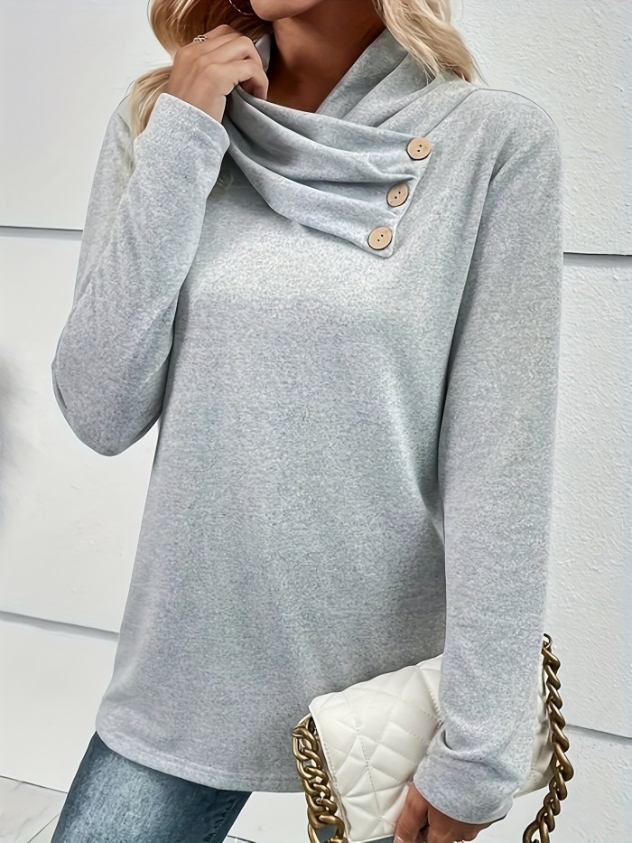 Long Sleeve Cowl Neck T-Shirt - Soft Solid Button Detail, Casual Chic Top for Spring & Fall, Womens Comfortable Clothing for Everyday Wear