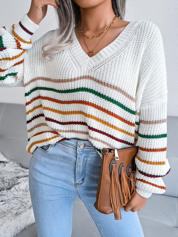 Long Sleeves Loose Contrast Color Split-Joint Striped V-Neck Pullovers Sweater Tops