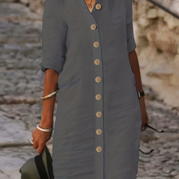 Button Front Half Sleeve Dress, Casual Solid Simple Midi Dress, Women's Clothing