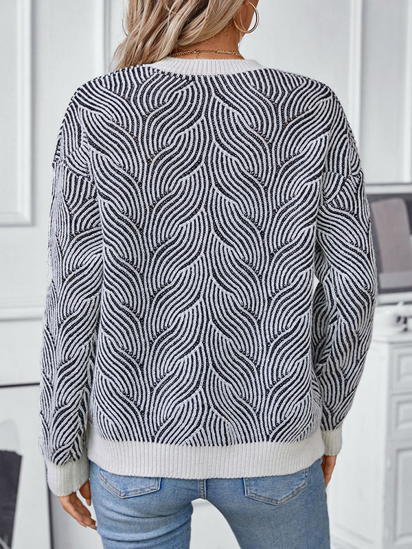 Long Sleeves Loose Contrast Color Split-Joint Round-Neck Pullovers Sweater Tops