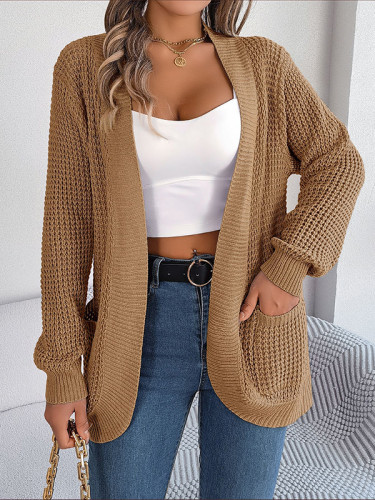 Long Sleeves Loose Pockets Solid Color Split-Joint Collarless Cardigan Tops