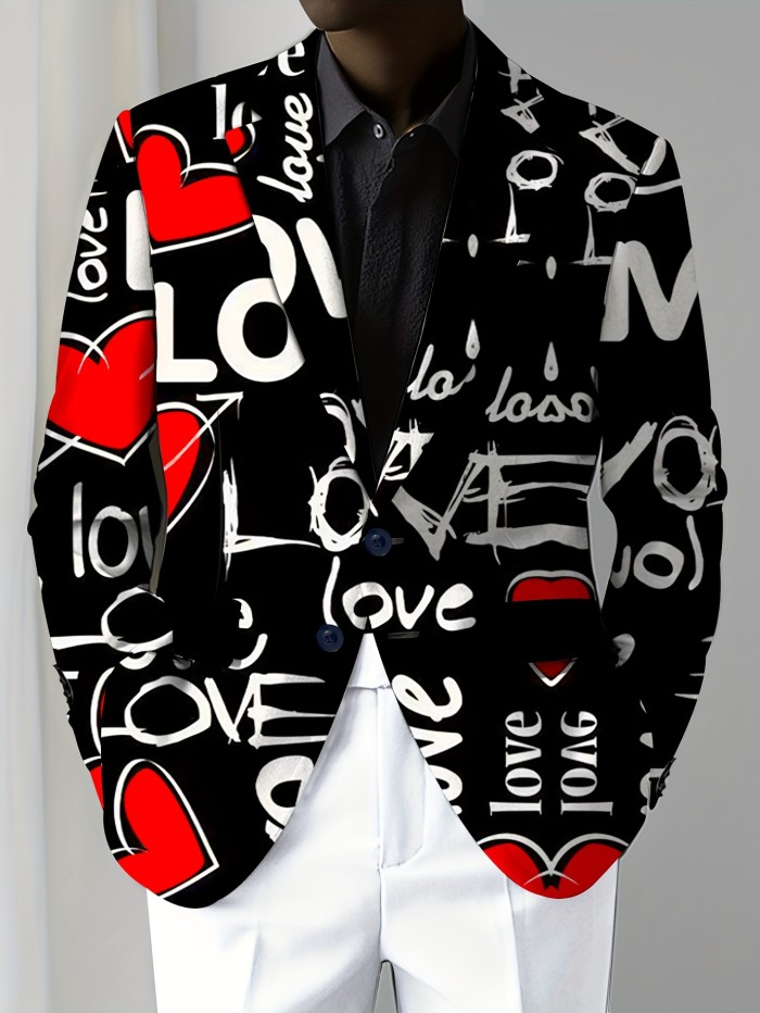 Men's Fashion Suit Jacket Polyester Blend with Elastane, Mature Lapel Style, Long Sleeve, Regular Fit, Non-Waterproof, All-Season, Love Alphabet Print, Slight Stretch Fabric - Stylish Casual Blazer for Men