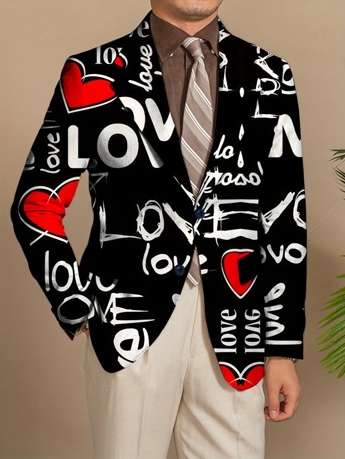 Men's Fashion Suit Jacket Polyester Blend with Elastane, Mature Lapel Style, Long Sleeve, Regular Fit, Non-Waterproof, All-Season, Love Alphabet Print, Slight Stretch Fabric - Stylish Casual Blazer for Men