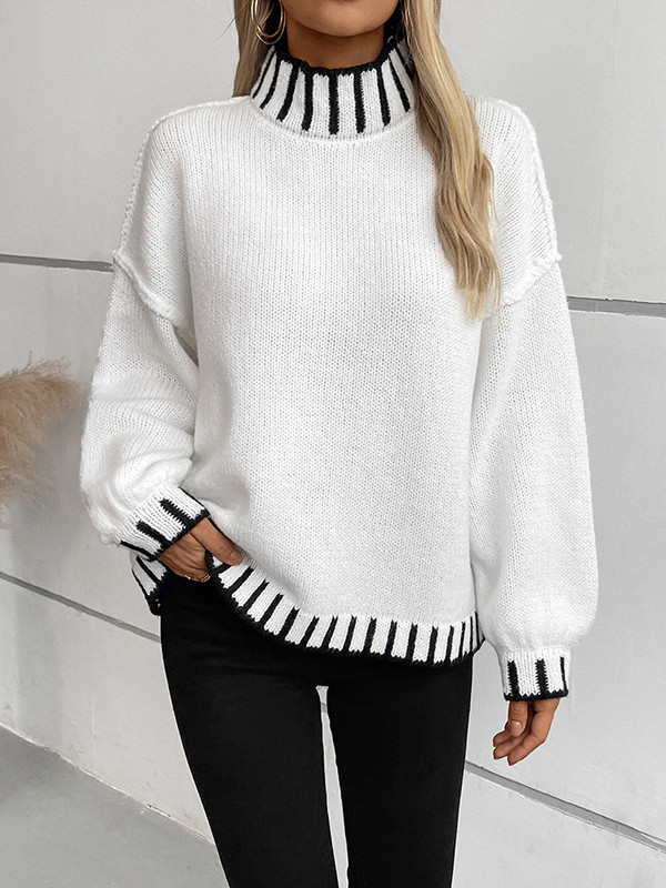 Long Sleeves Loose Contrast Color Split-Joint High Neck Pullovers Sweater Tops