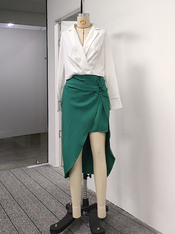 Solid Color Deep V-Neck Blouses Tops & Irregularity Bodycon Skirts Two Pieces Set