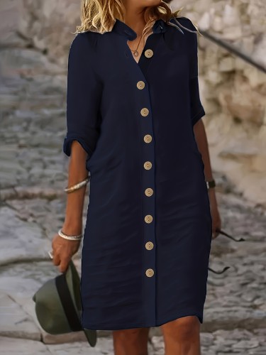 Button Front Half Sleeve Dress, Casual Solid Simple Midi Dress, Women's Clothing