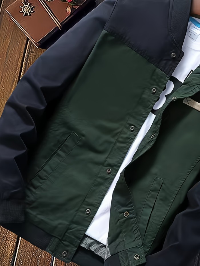 Retro Color Block Vintage Jacket, Men's Casual Jacket Coat College Hipster Windbreaker For Spring Fall