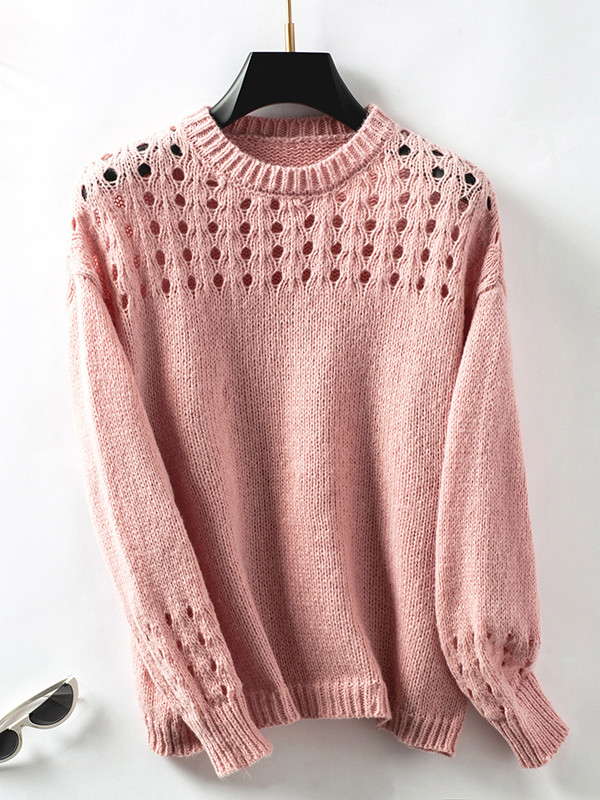 Long Sleeves Loose Hollow Solid Color Split-Joint Round-Neck Pullovers Sweater Tops