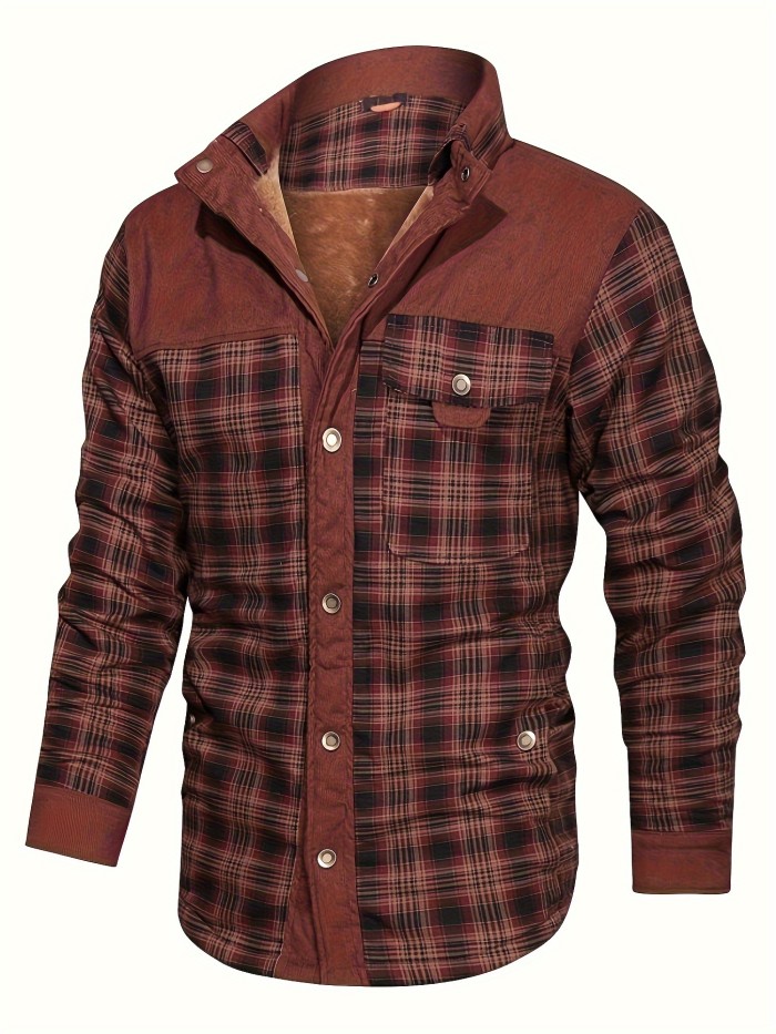 Men's Casual Retro Plaid Fleece Lined Shirt Coat For Fall Winter