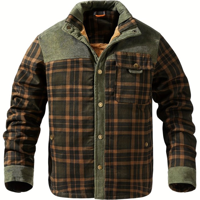 Men's Casual Retro Plaid Fleece Lined Shirt Coat For Fall Winter