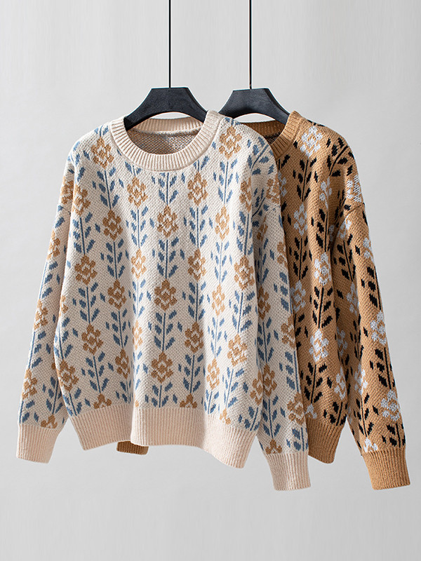 Long Sleeves Loose Knitted Flower Split-Joint Round-Neck Pullovers Sweater Tops