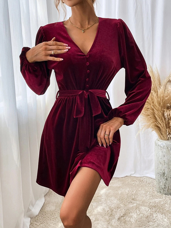 A-Line Long Sleeves Buttoned Elasticity Solid Color Split-Joint Tied Waist Velvet V-Neck Mini Dresses