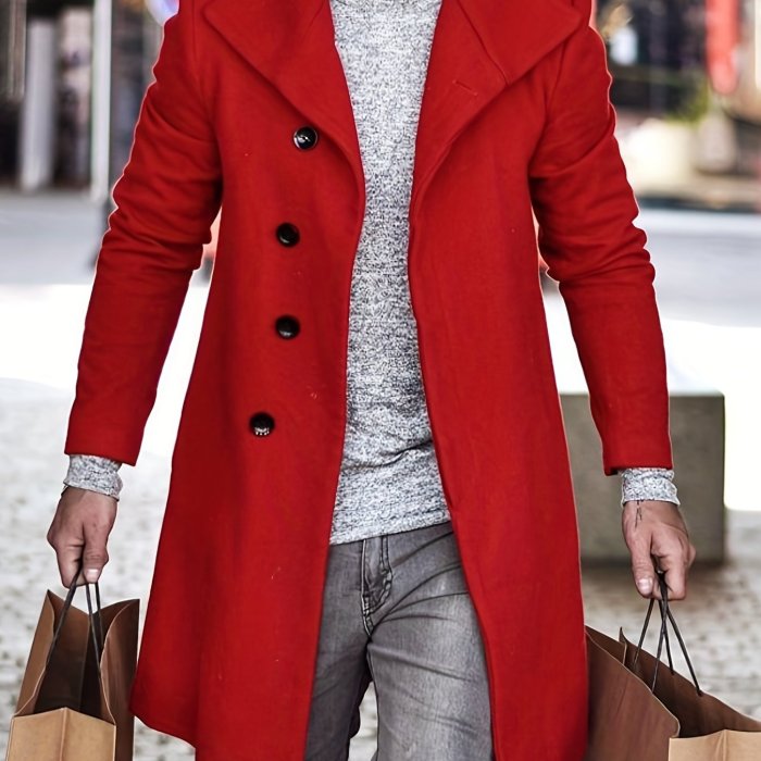 Men's Trendy Retro Solid Long Sleeve Coat Windbreaker Lapel Long Overcoat For Autumn Winter