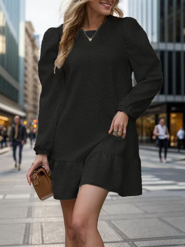 A-Line Long Sleeves Jacquard Pleated Solid Color Split-Joint Round-Neck Mini Dresses
