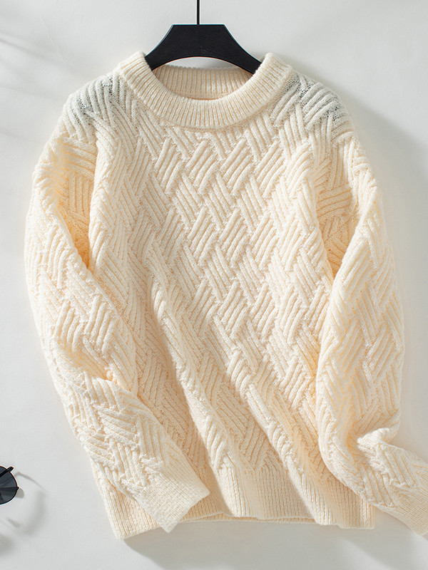 Long Sleeves Loose Solid Color Split-Joint Round-Neck Pullovers Sweater Tops