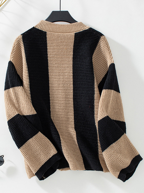 Long Sleeves Loose Buttoned Striped V-Neck Cardigan Tops