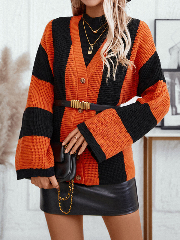 Long Sleeves Loose Buttoned Striped V-Neck Cardigan Tops
