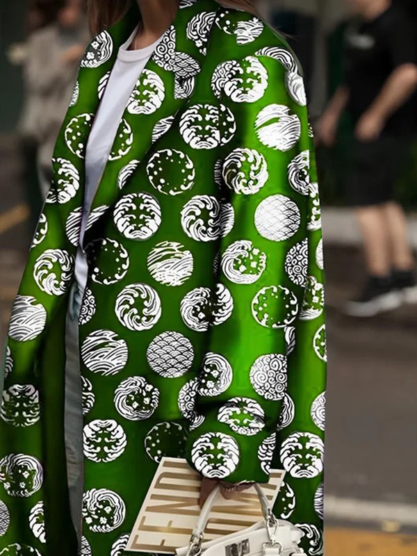 Long Sleeves Loose Pockets Printed Split-Joint Notched Collar Outerwear