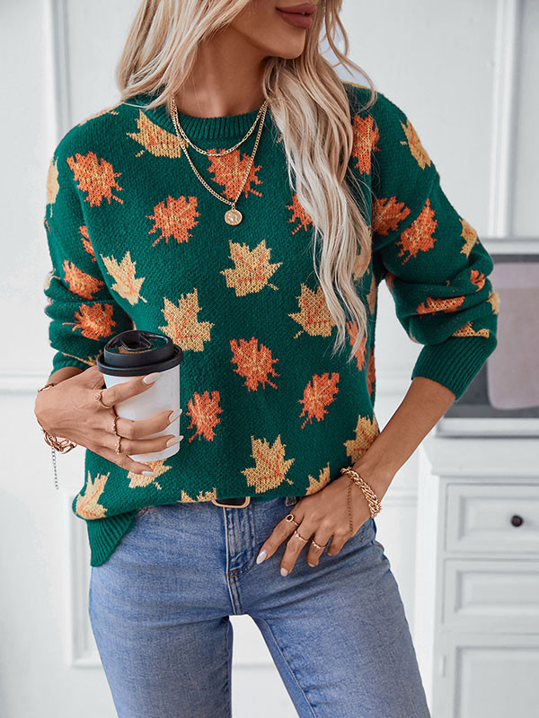Long Sleeves Loose Contrast Color Jacquard Knitted Leaves Split-Joint Round-Neck Pullovers Sweater Tops
