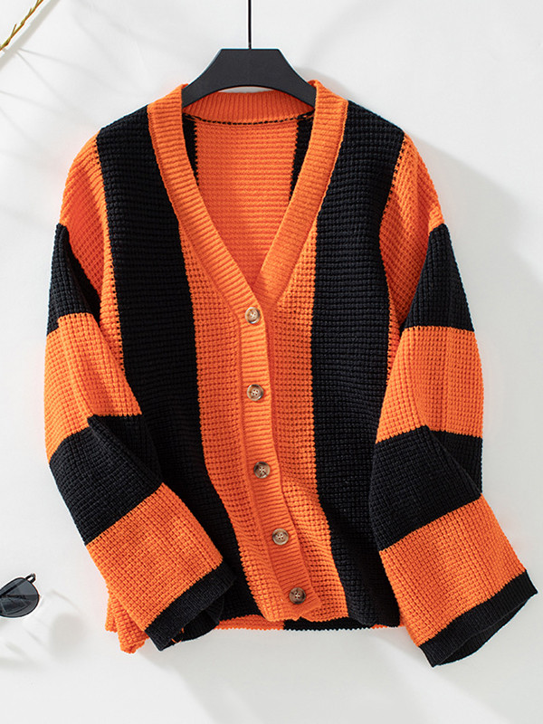 Long Sleeves Loose Buttoned Striped V-Neck Cardigan Tops