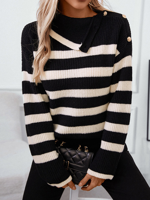 Long Sleeves Loose Buttoned Contrast Color Split-Joint Striped High Neck Pullovers Sweater Tops