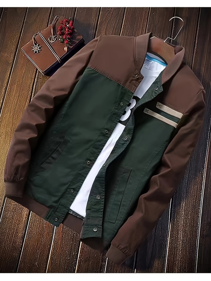 Retro Color Block Vintage Jacket, Men's Casual Jacket Coat College Hipster Windbreaker For Spring Fall