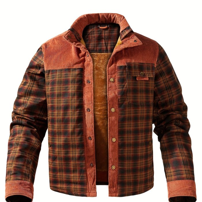 Men's Casual Retro Plaid Fleece Lined Shirt Coat For Fall Winter