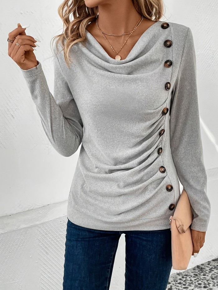 Button Side Cowl Neck T-Shirt, Casual Long Sleeve Ruched Top For Spring & Fall, Women's Clothing