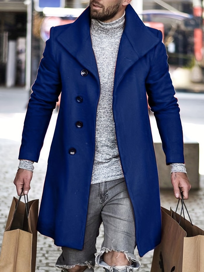 Men's Trendy Retro Solid Long Sleeve Coat Windbreaker Lapel Long Overcoat For Autumn Winter
