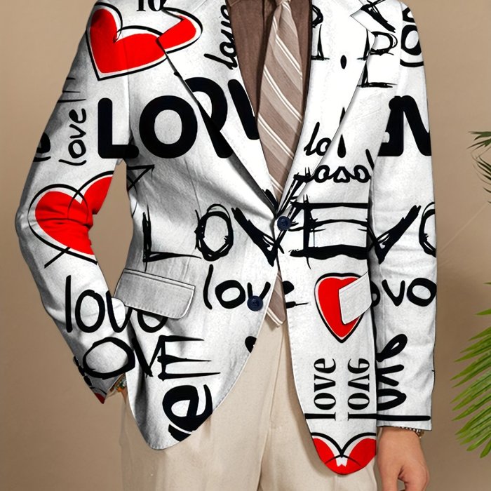 Men's Fashion Suit Jacket Polyester Blend with Elastane, Mature Lapel Style, Long Sleeve, Regular Fit, Non-Waterproof, All-Season, Love Alphabet Print, Slight Stretch Fabric - Stylish Casual Blazer for Men