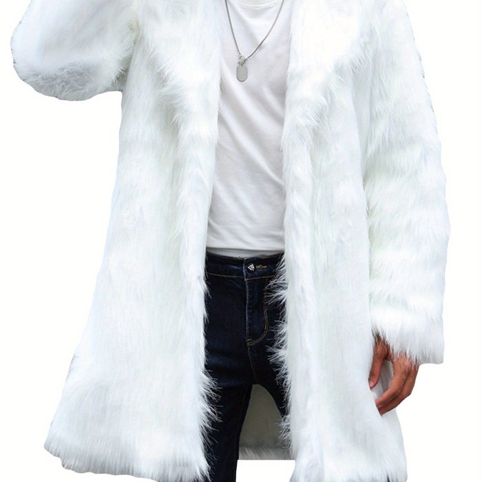 Men's Solid Color Faux-fur Coat Mature Style Winter Warm Long Sleeve Jacket Open Front Overcoat
