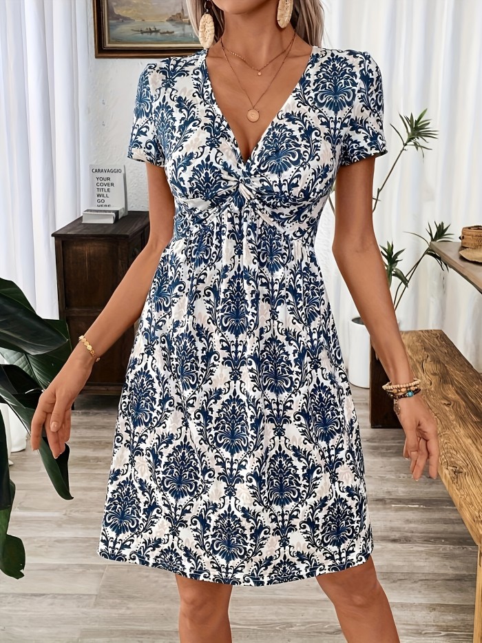 Leopard Print Twist Dress, Stylish Plunging Short Sleeve Midi Dress For Spring & Summer, Women's Clothing