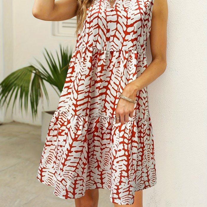 Notched Neck Tiered Dress, Sleeveless Casual Dress For Summer & Spring, Women's Clothing