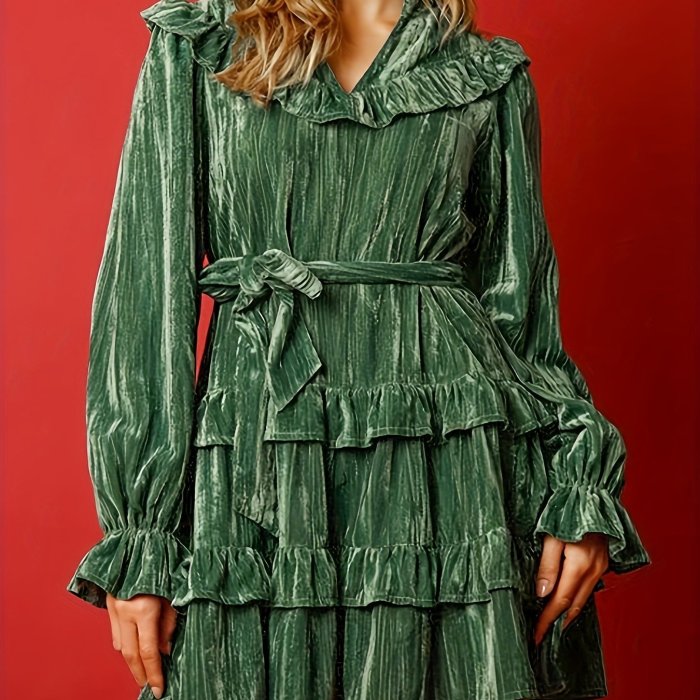 Ruffled A-line Velvet Autumn And Winter Dress, Layered Splicing Festival Long-sleeved V-neck Dress