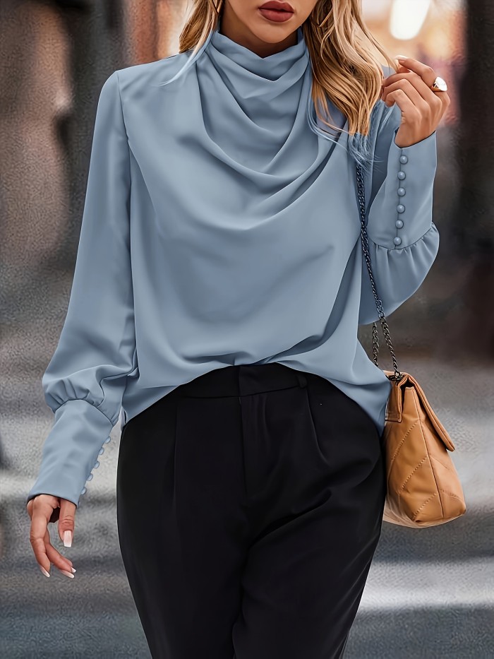 Stylish Solid Cowl Neck Blouse - Elegant Long Sleeve Top with Comfortable Fit, Versatile for Spring & Fall Seasons, Womens Clothing for Everyday Wear