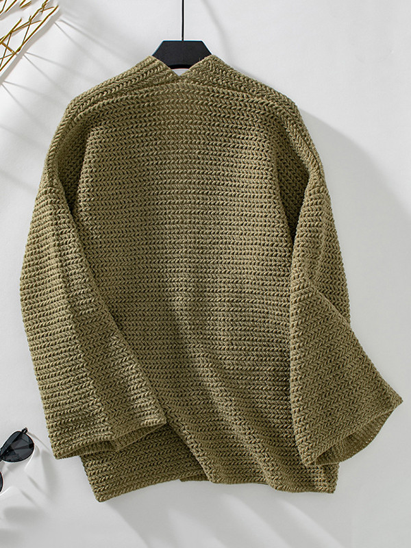 Long Sleeves Loose Pockets Solid Color Split-Joint Collarless Cardigan Tops