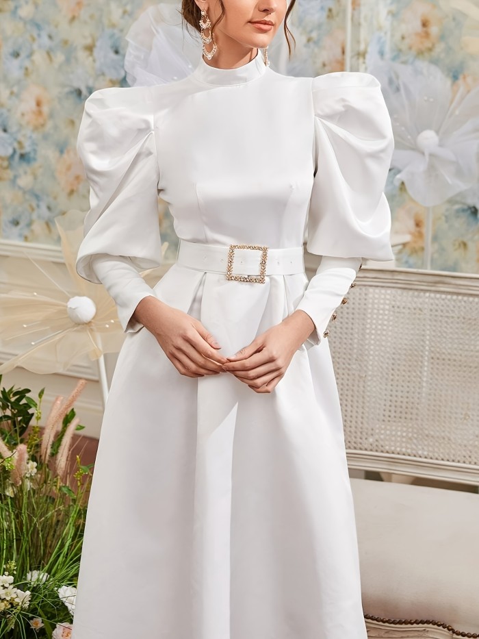 Stunning Plus Size Belted Midi Dress - Elegant Solid Mock Neck Puff Sleeve Dresses for Spring & Fall - Women's Curve-Flattering Clothing with Flared Hem