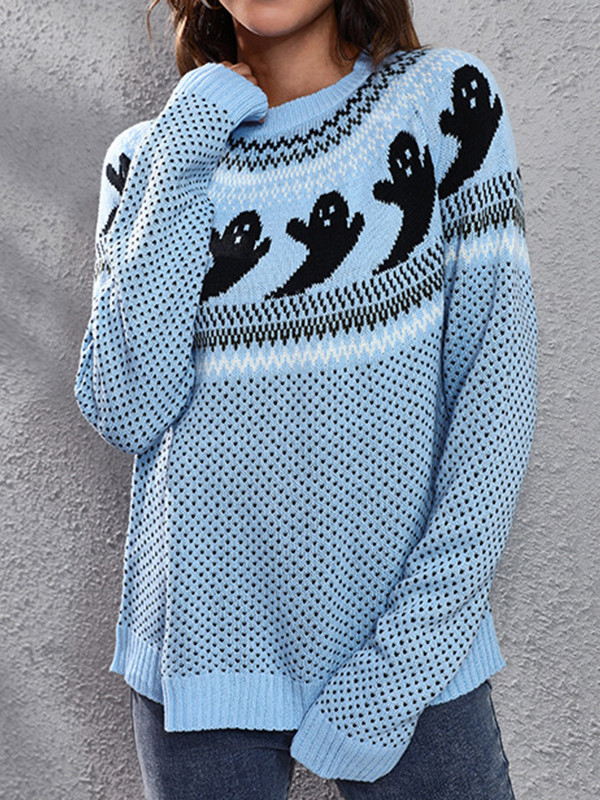 Long Sleeves Loose Contrast Color Printed Round-Neck Knitwear Pullovers Sweater Tops