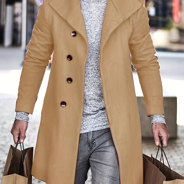 Men's Trendy Retro Solid Long Sleeve Coat Windbreaker Lapel Long Overcoat For Autumn Winter