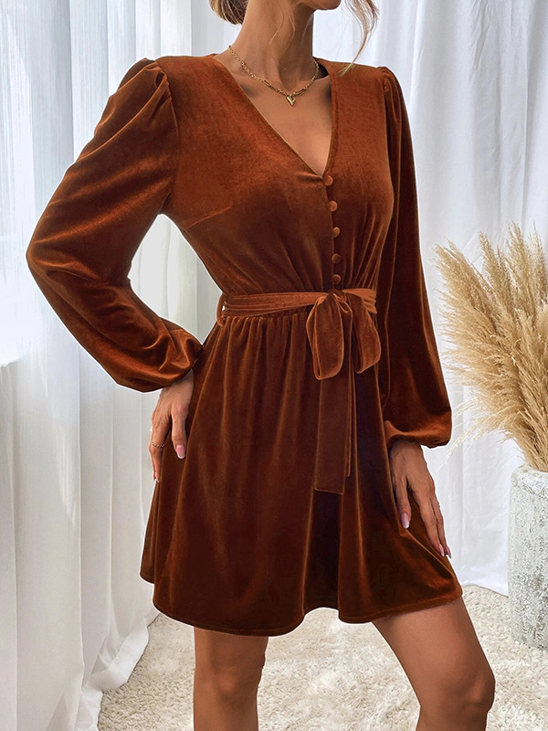A-Line Long Sleeves Buttoned Elasticity Solid Color Split-Joint Tied Waist Velvet V-Neck Mini Dresses